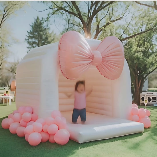 Pink Bow White Cloud Semi-Enclosed Inflatable Bounce House- Perfect for children's birthday parties | Safe & Fun10