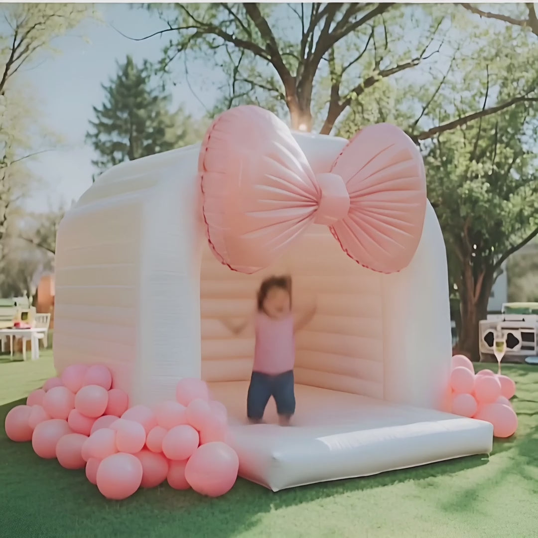 Pink Bow White Cloud Semi-Enclosed Inflatable Bounce House- Perfect for children's birthday parties | Safe & Fun10