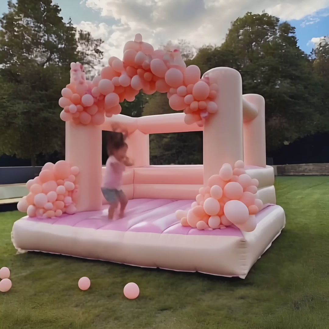 Pink Inflatable Bounce House with Fence – Perfect for Weddings & Parties10