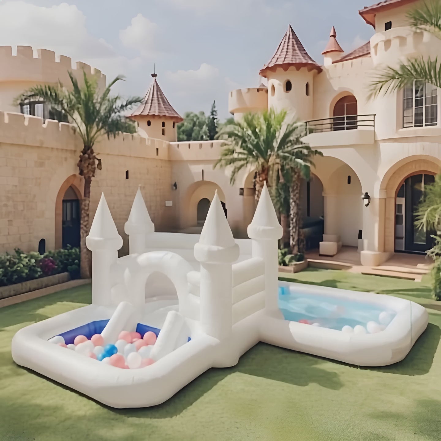 Slide Pool Bounce House White Wedding Large Castle Bounce House with Ball Pit, Slide & Water Pool – Elegant Play Area for Weddings & Family Events10