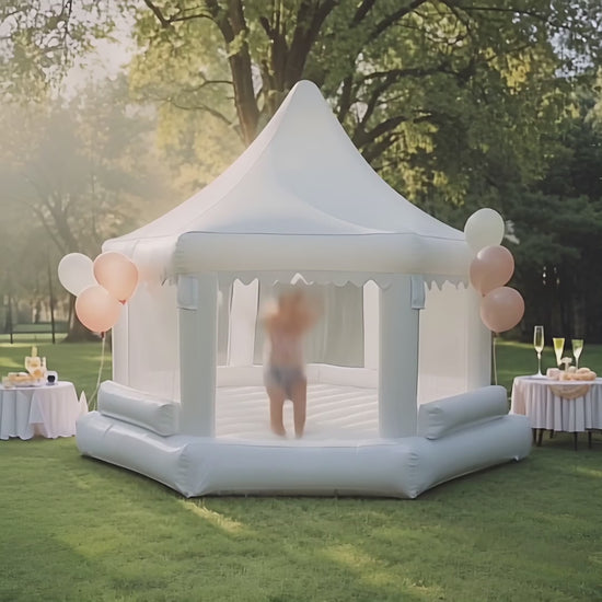 White Canopy Wedding Bounce House with Safety Net - Elegant and Safe Entertainment Zone for Weddings and Events10